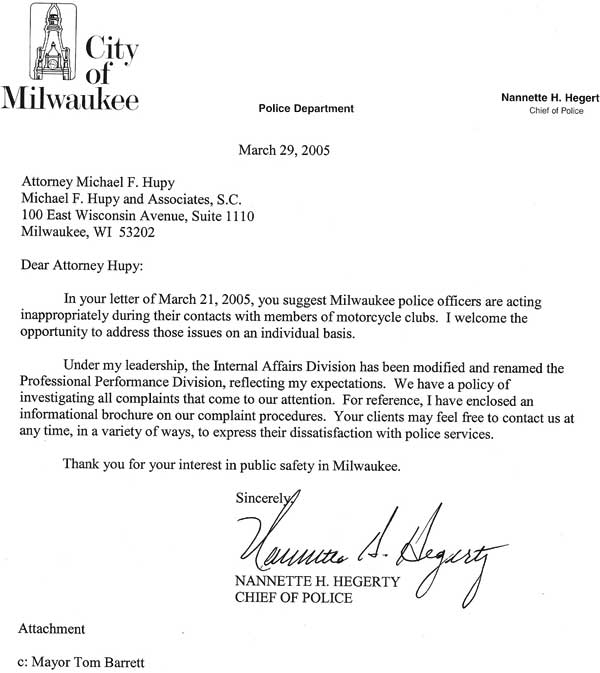 Letter from chief of police to attorney Michael Hupy